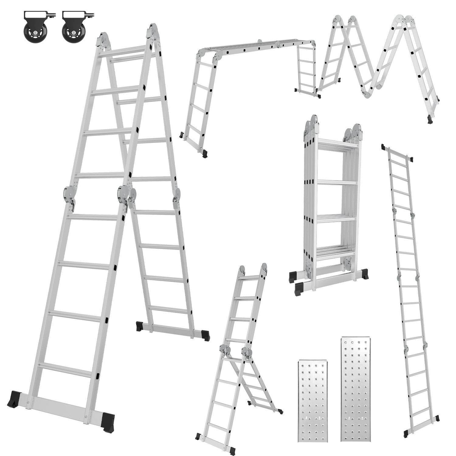 Jiubiaz 7in1 Mehrzweckleiter 4x4 Stufen Aus Aluminium, Ca. 470cm / 4.7m, Multifunktions-gelenkleiter Mit 2 Plattformen & 2 Rollen, Max. Belastbarkeit 150 Kg