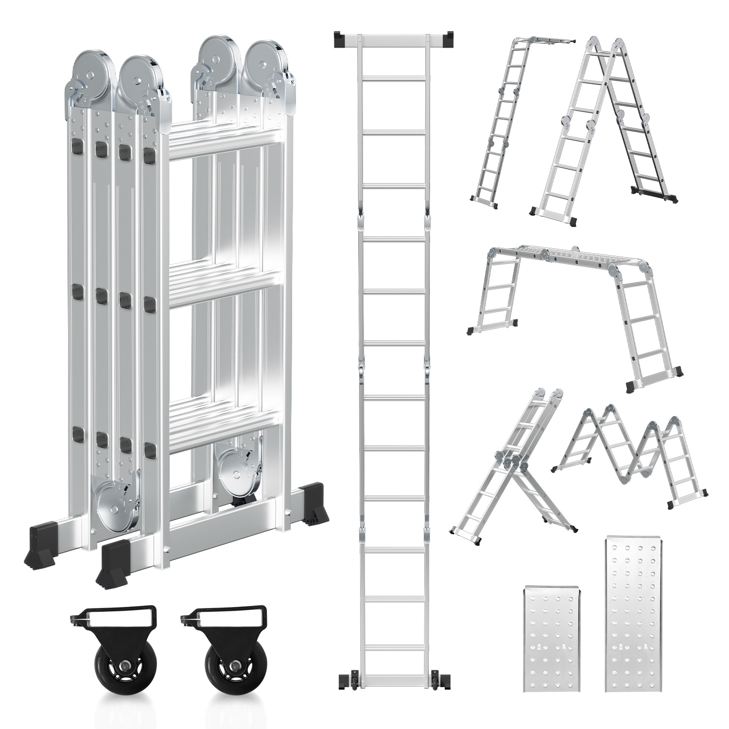 Jiubiaz 7in1 Mehrzweckleiter 4x3 Stufen Aus Aluminium, Ca. 360cm / 3.6m, Multifunktions-gelenkleiter Mit 2 Plattformen & 2 Rollen, Max. Belastbarkeit 150 Kg