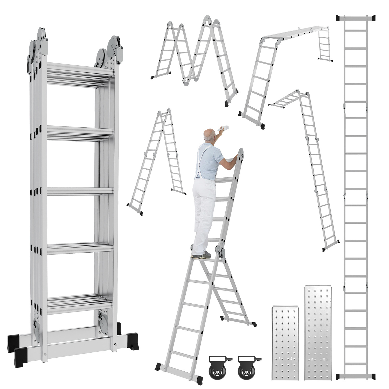 Jiubiaz Mehrzweckleiter Multifunktionsleiter 7in1 4x5 Stufen, Ca. 580cm / 5.8m, Alu Gelenkleiter Mit 2 Plattformen, 2 Rollen, Max. Belastbarkeit 150 Kg