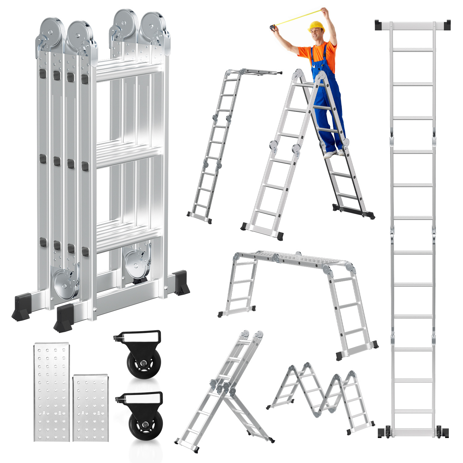 Jiubiaz Mehrzweckleiter Multifunktionsleiter 7in1 4x3 Stufen, Ca. 360cm / 3.6m, Alu Gelenkleiter Mit 2 Plattformen, 2 Rollen, Max. Belastbarkeit 150 Kg