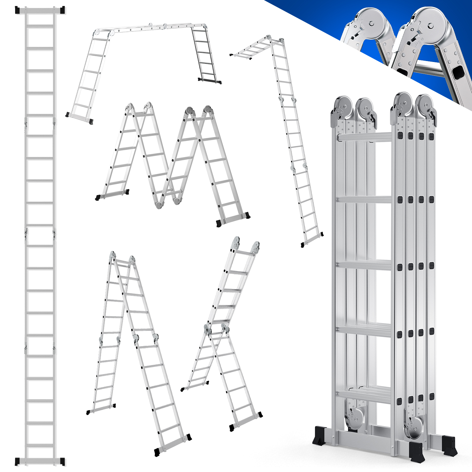 Jiubiaz Mehrzweckleiter Multifunktionsleiter 7in1 4x5 Stufen, Ca. 580cm / 5.8m, Alu Gelenkleiter Klappbar, Anlege- & Stehleiter, Max. Belastbarkeit 150 Kg