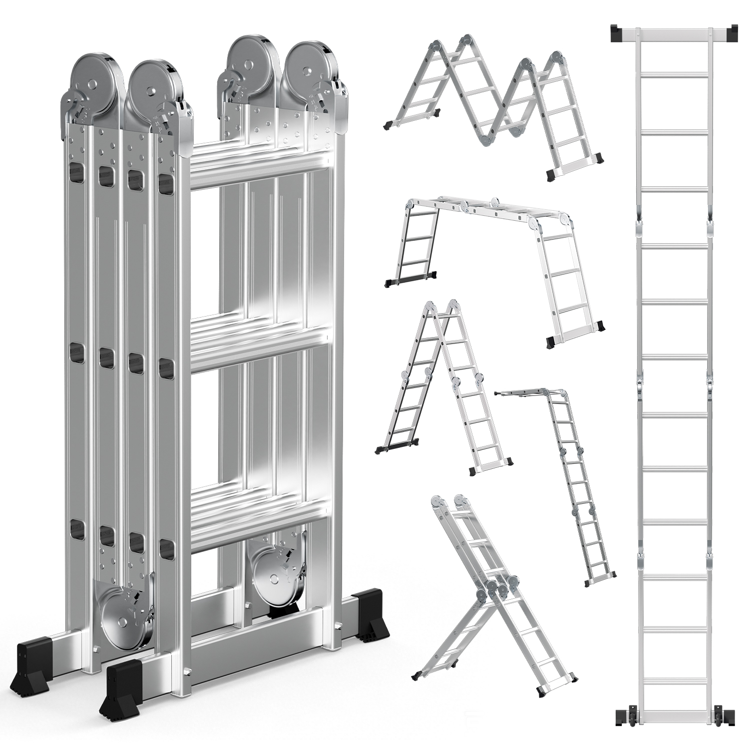 Jiubiaz Mehrzweckleiter 7in1 Aluminium 4x3 Stufen, Ca. 360cm / 3.6m, Gelenkleiter Klappleiter Anlegeleiter Stehleiter, Max. Belastbarkeit 150 Kg, Silber