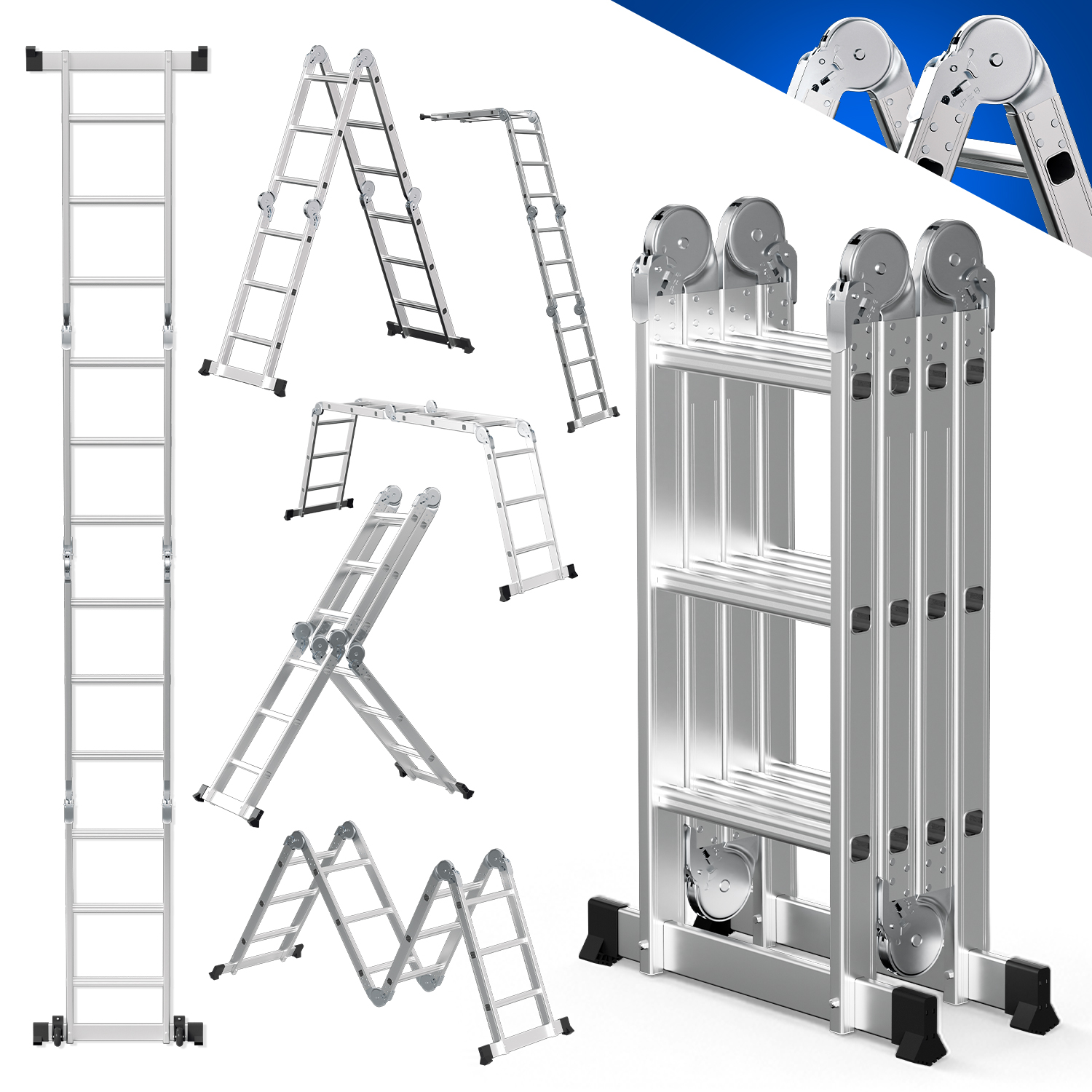 Jiubiaz Aluminium Mehrzweckleiter 7in1 4x3 Stufen, Ca. 360cm / 3.6m, Klappbare Gelenkleiter Für Haus & Werkstatt, Anlegeleiter, Max. Belastbarkeit 150 Kg