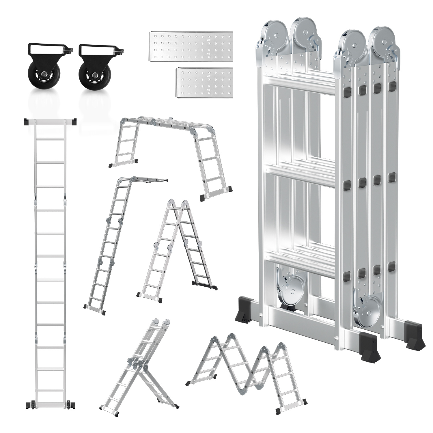Jiubiaz Aluminium Mehrzweckleiter 7in1 4x3 Stufen, Ca. 360cm / 3.6m, Klappleiter Gelenkleiter Mit Plattformen, Rollen & Anti-rutsch, Max. Belastbarkeit 150 Kg