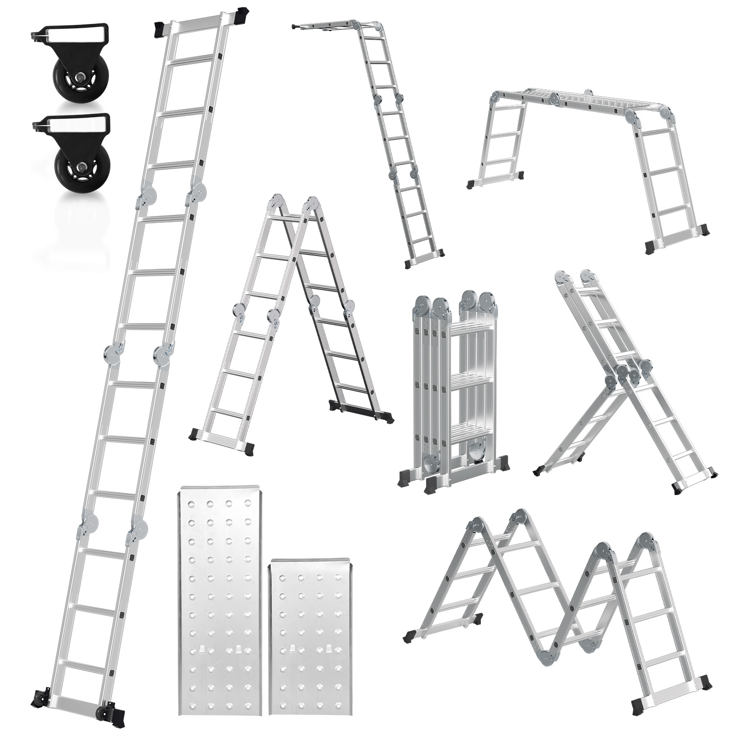 Jiubiaz Mehrzweckleiter 7in1 Aluminium 4x3 Stufen, Ca. 360cm / 3.6m, Gelenkleiter Klappleiter Mit 2 Plattformen + 2 Rollen, Max. Belastbarkeit 150 Kg