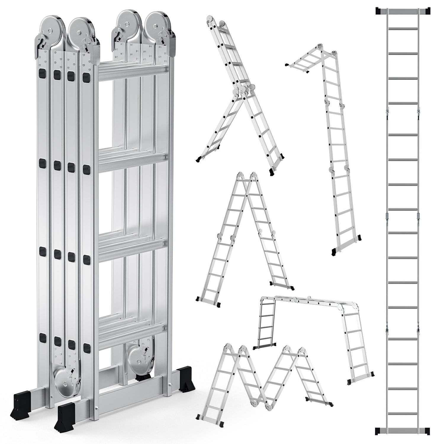 Jiubiaz Mehrzweckleiter 7in1 Aluminium 4x4 Stufen, Ca. 470cm / 4.7m, Gelenkleiter Klappleiter Anlegeleiter Stehleiter, Max. Belastbarkeit 150 Kg, Silber