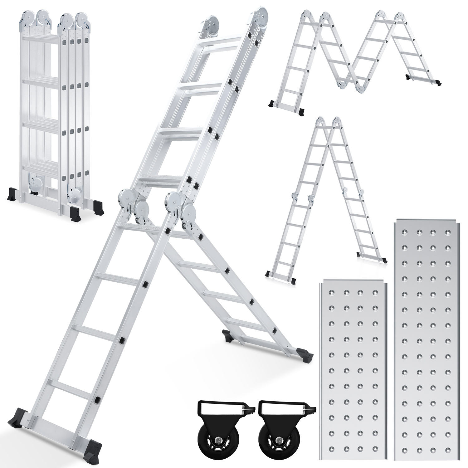 Jiubiaz Mehrzweckleiter 7in1 Aluminium 4x4 Stufen, Ca. 470cm / 4.7m, Gelenkleiter Klappleiter Mit 2 Plattformen + 2 Rollen, Max. Belastbarkeit 150 Kg