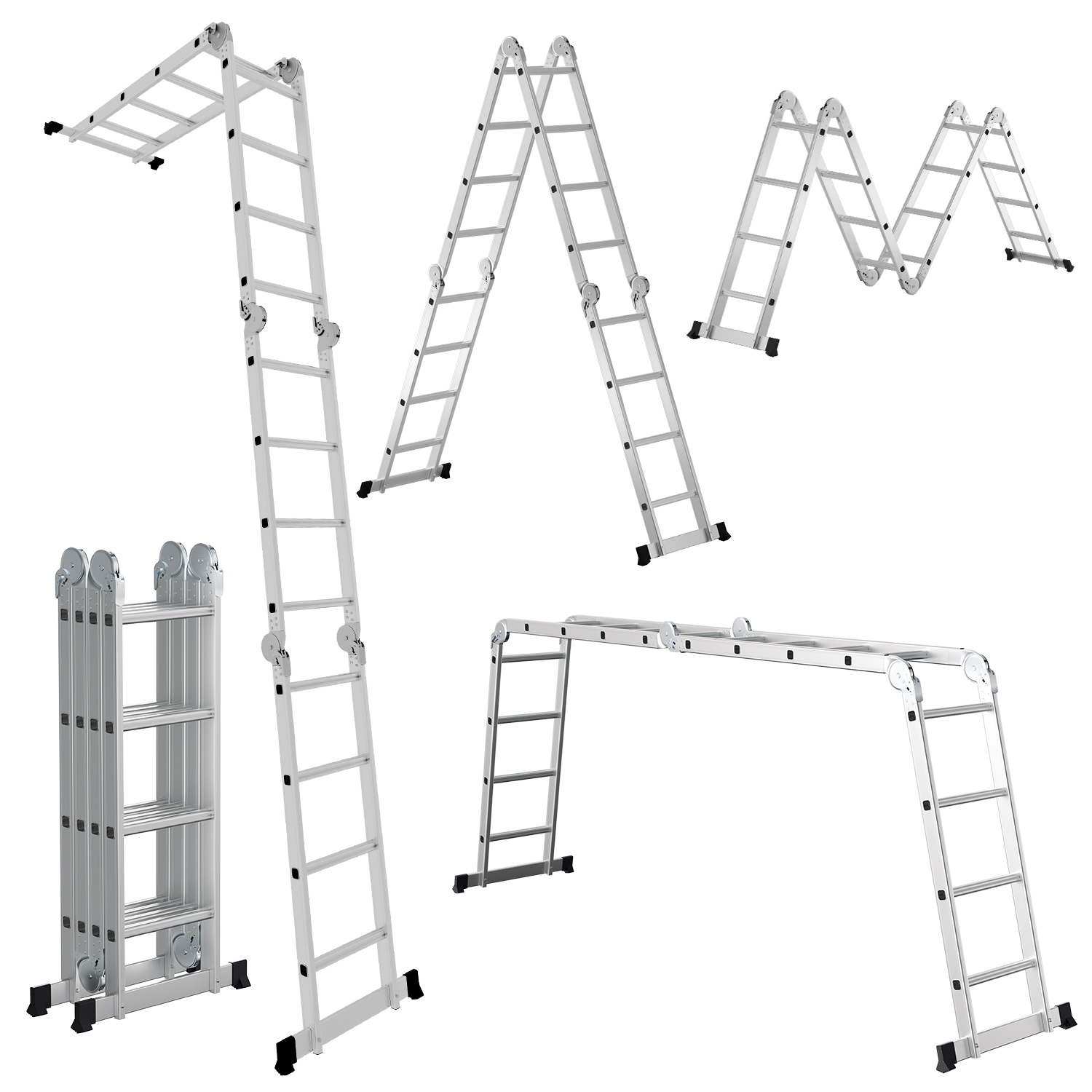 Jiubiaz 7in1 Alu Mehrzweckleiter 4x4 Stufen, Ca. 470cm / 4.7m, Klappleiter Gelenkleiter Mit Anti-rutsch-füßen, Haushaltsleiter, Max. Belastbarkeit 150 Kg