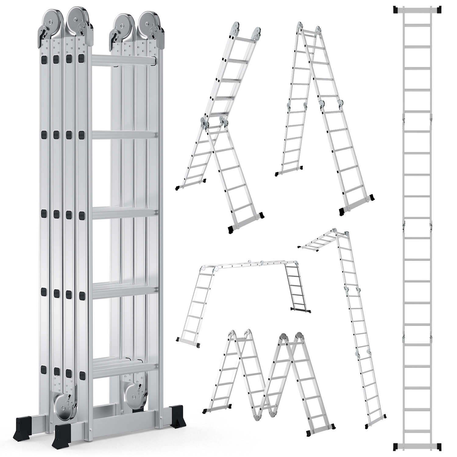 Jiubiaz Mehrzweckleiter 7in1 Aluminium 4x5 Stufen, Ca. 580cm / 5.8m, Gelenkleiter Klappleiter Anlegeleiter Stehleiter, Max. Belastbarkeit 150 Kg, Silber