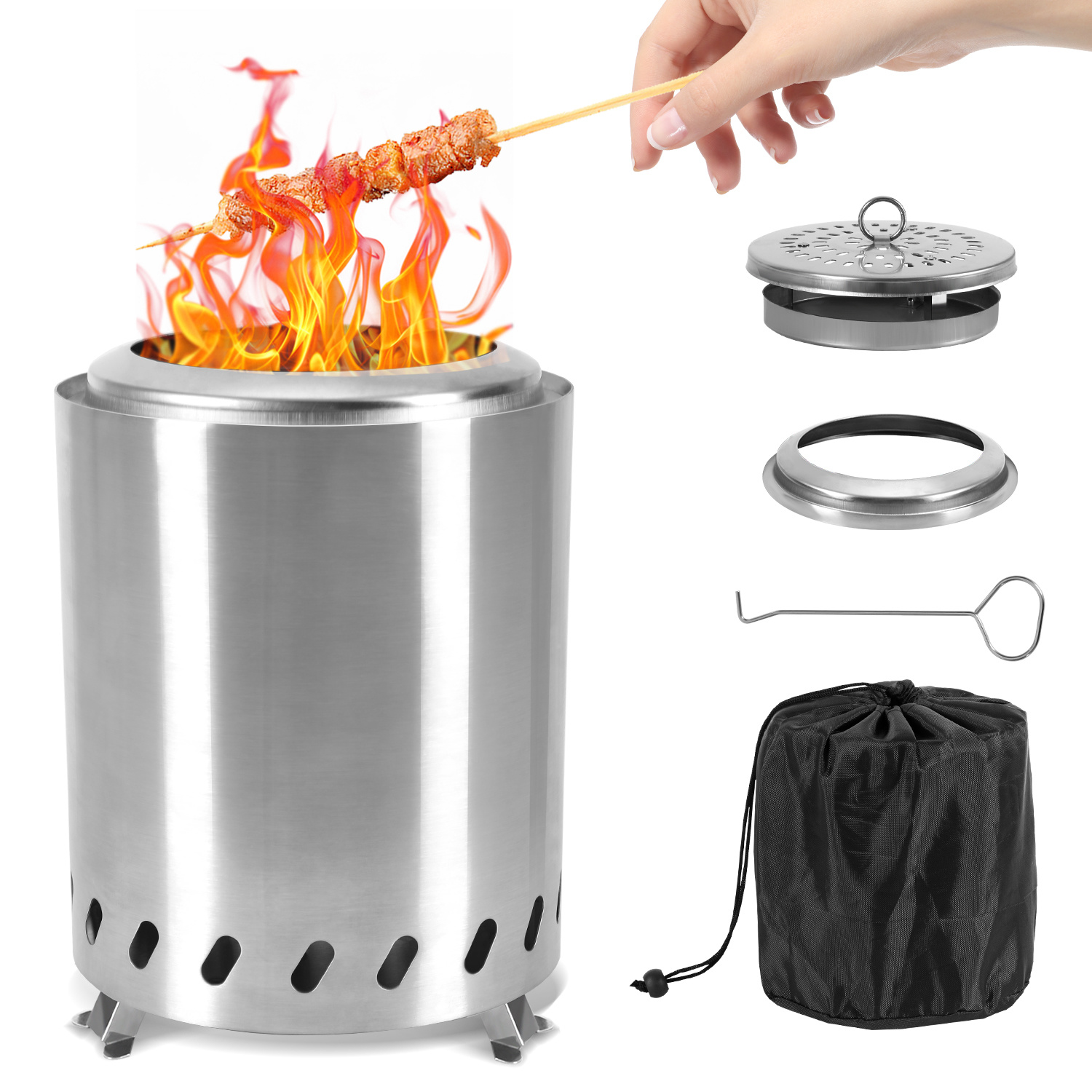 Jiubiaz Rauchfreie Feuerschale Tischfeuer Aus Edelstahl 201, Doppelwand Feuerstelle Mit Ascheschale, Haken & Tragetasche Für Garten Terrasse Camping