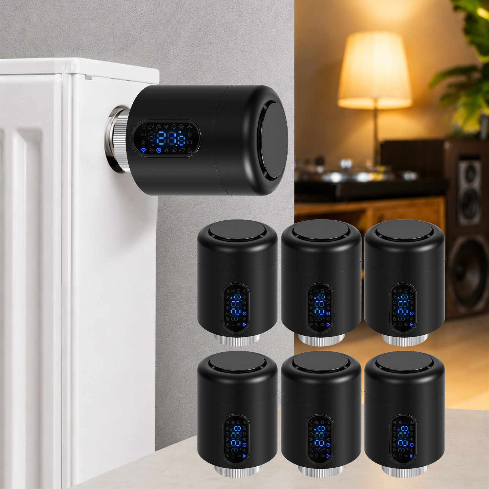 Jiubiaz Smartes Heizkörperthermostat Wifi, App-steuerung, Smart Life/tuya, 7 Ventiladapter Je Thermostat, Schwarz, 6er-set