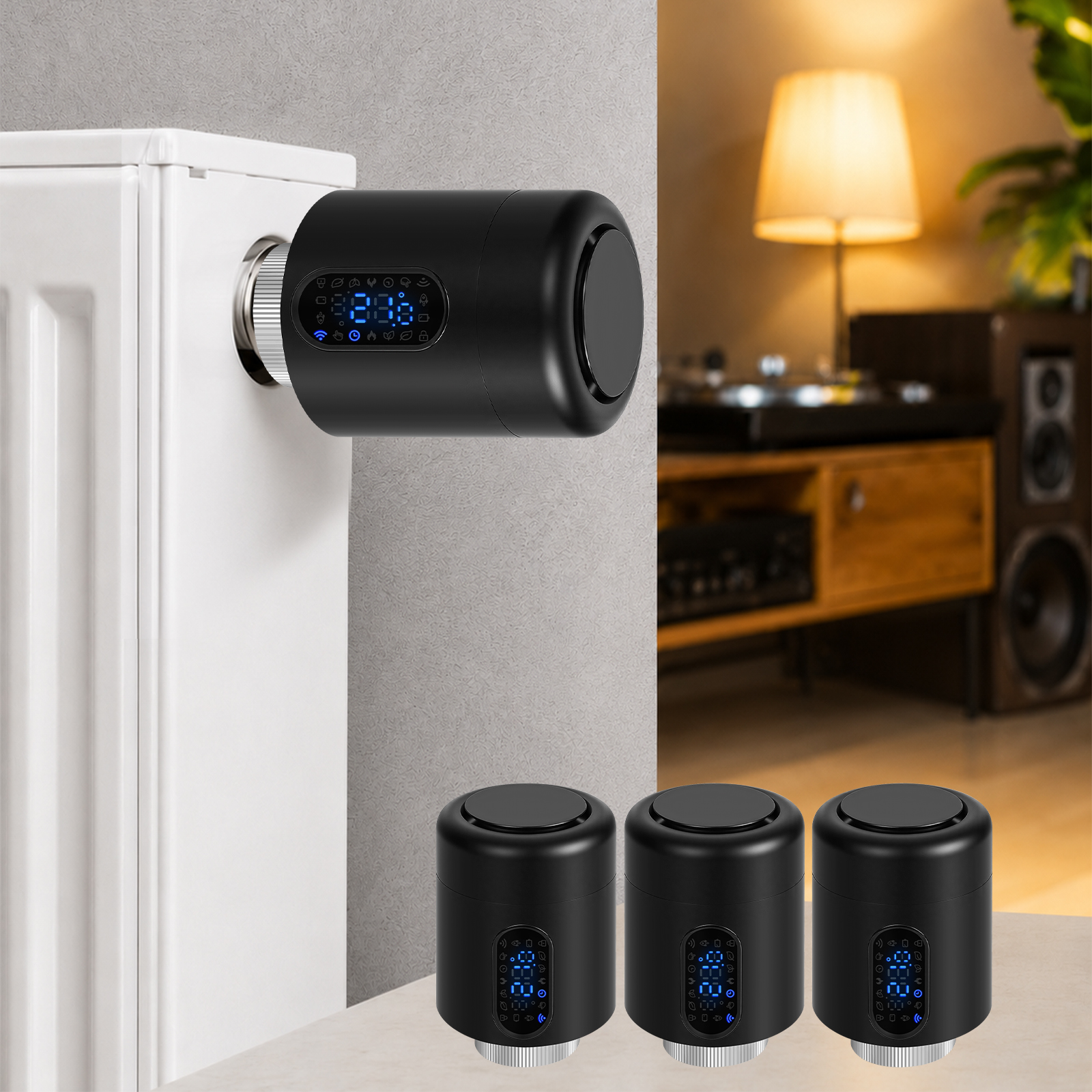 Jiubiaz Smartes Heizkörperthermostat Wifi, App-steuerung, Smart Life/tuya, 7 Ventiladapter Je Thermostat, Schwarz, 3er-set