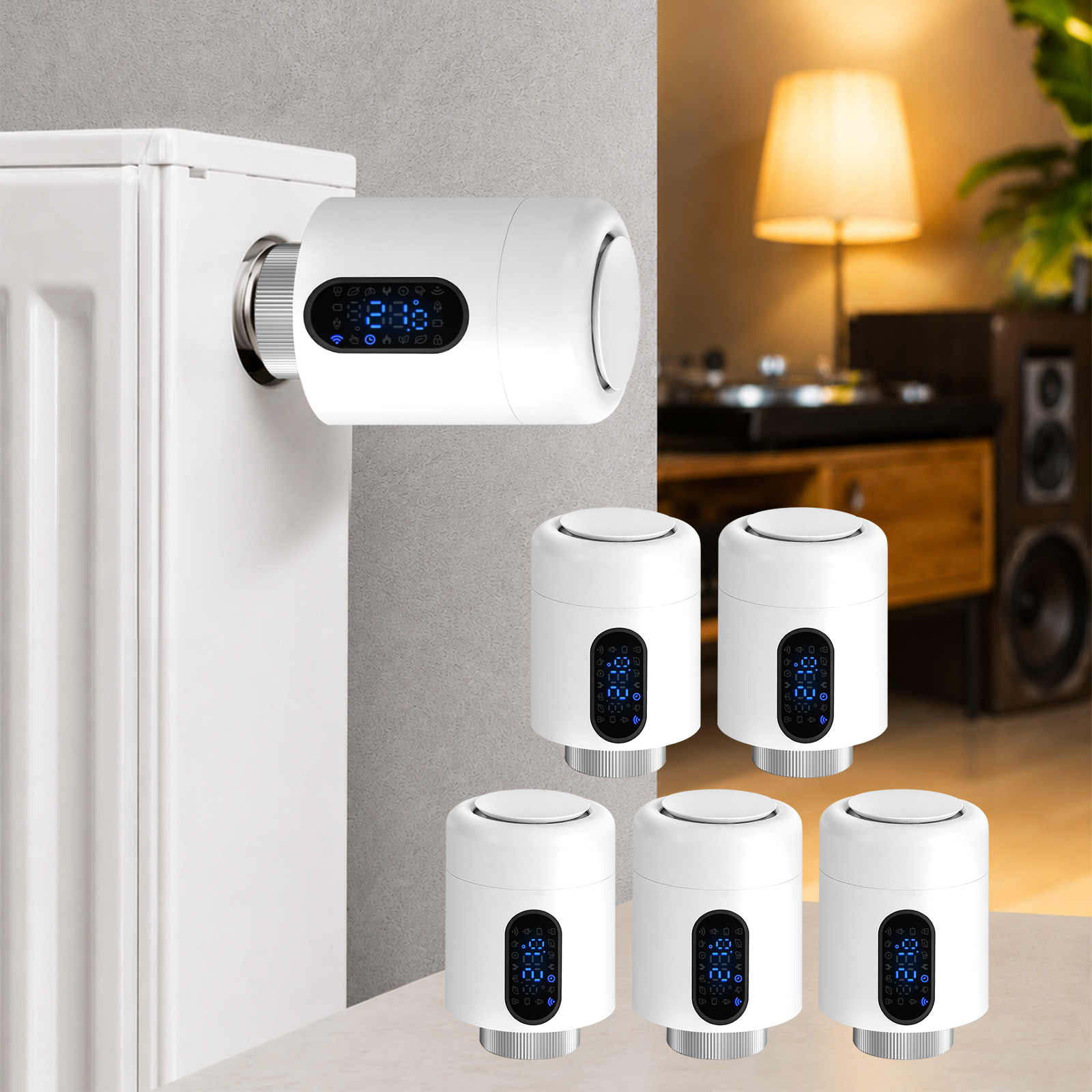 Jiubiaz Smartes Heizkörperthermostat Wifi, App-steuerung, Smart Life/tuya, 7 Ventiladapter Je Thermostat, Weiß, 5er-set