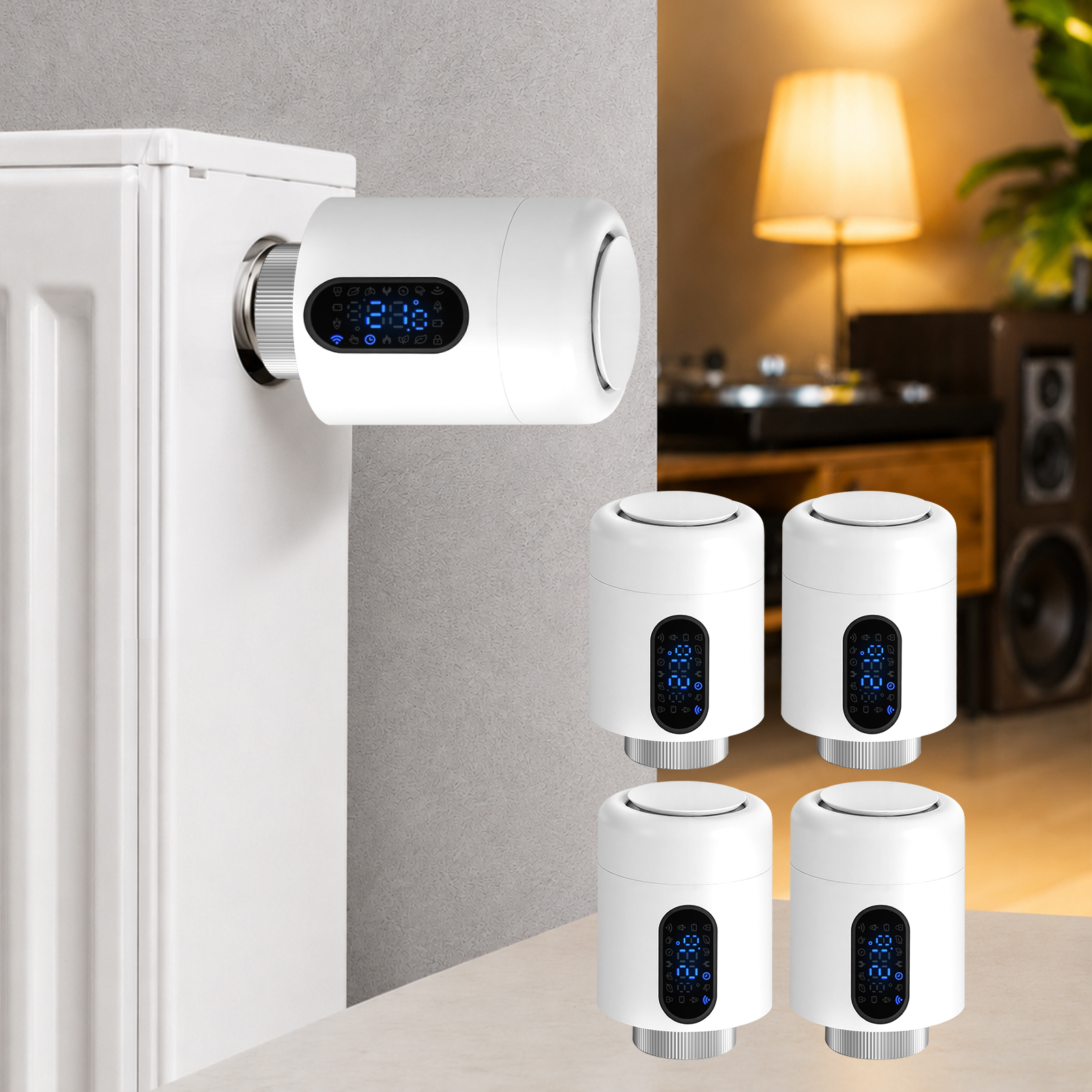 Jiubiaz Smartes Heizkörperthermostat Wifi, App-steuerung, Smart Life/tuya, 7 Ventiladapter Je Thermostat, Weiß, 4er-set