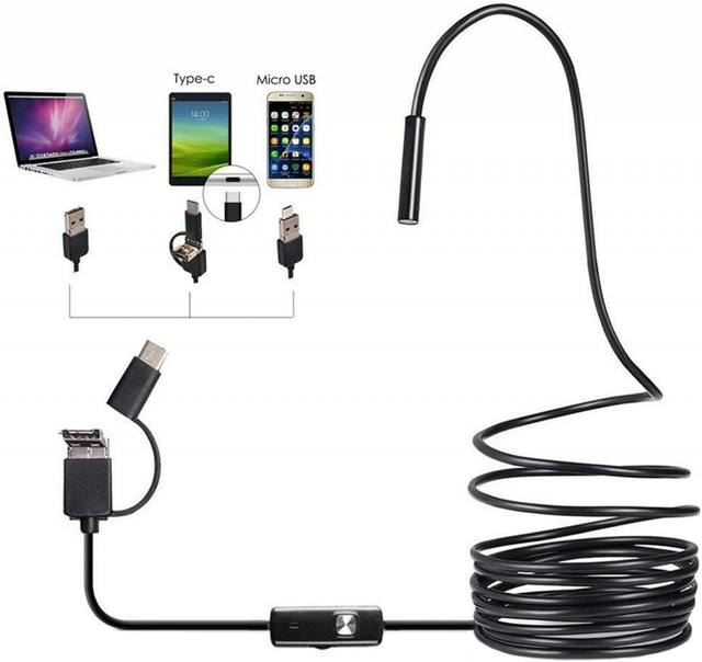 Aiperq - ymyny 3-in-1-Endoskop-Inspektionskamera, HD-Industrie-Endoskop, 5,5-mm-wasserdichtes Objektiv, 6 LED-Leuchten, 3-in-1-USB-Schnittstelle für