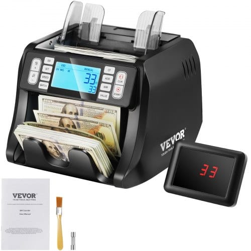 VEVOR Geldzählmaschine, Banknotenzähler mit UV-, MG-, IR- und DD-Falschgelderkennung, USD- und EUR-Geldzählmaschine mit Additions- und Batch-Modus, Großes LCD & Externes Display
