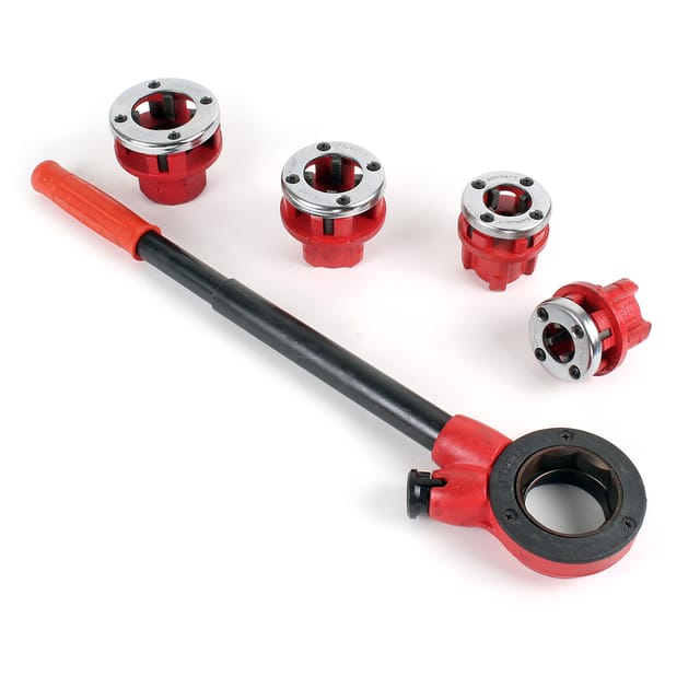 Gewindeschneider Set 7-tlg. mit Schneidkluppe aus Stahl, Rohrschneider mit 4 Schneidköpfen, Schneideisen mit Ratschenverlängerung und Koffer - Wiltec
