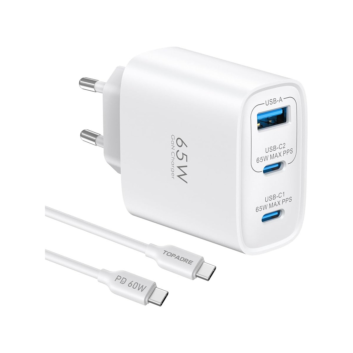Sgs Usb-c Ladegerät Gan 65w Stcpd-gan65w 2 Usb-c Pd 3.0 Und Usb-a Qc 3.0 Weiß