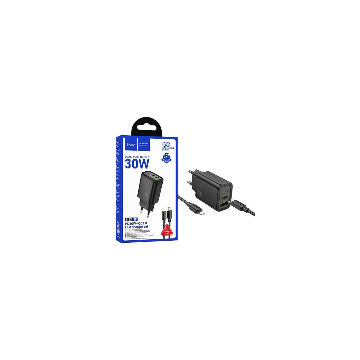 Hoco N63 Netzladegerät Usb-c + Usb-a 30w Pd Qc 3.0 Mit Usb-c Kabel 1m Schwarz