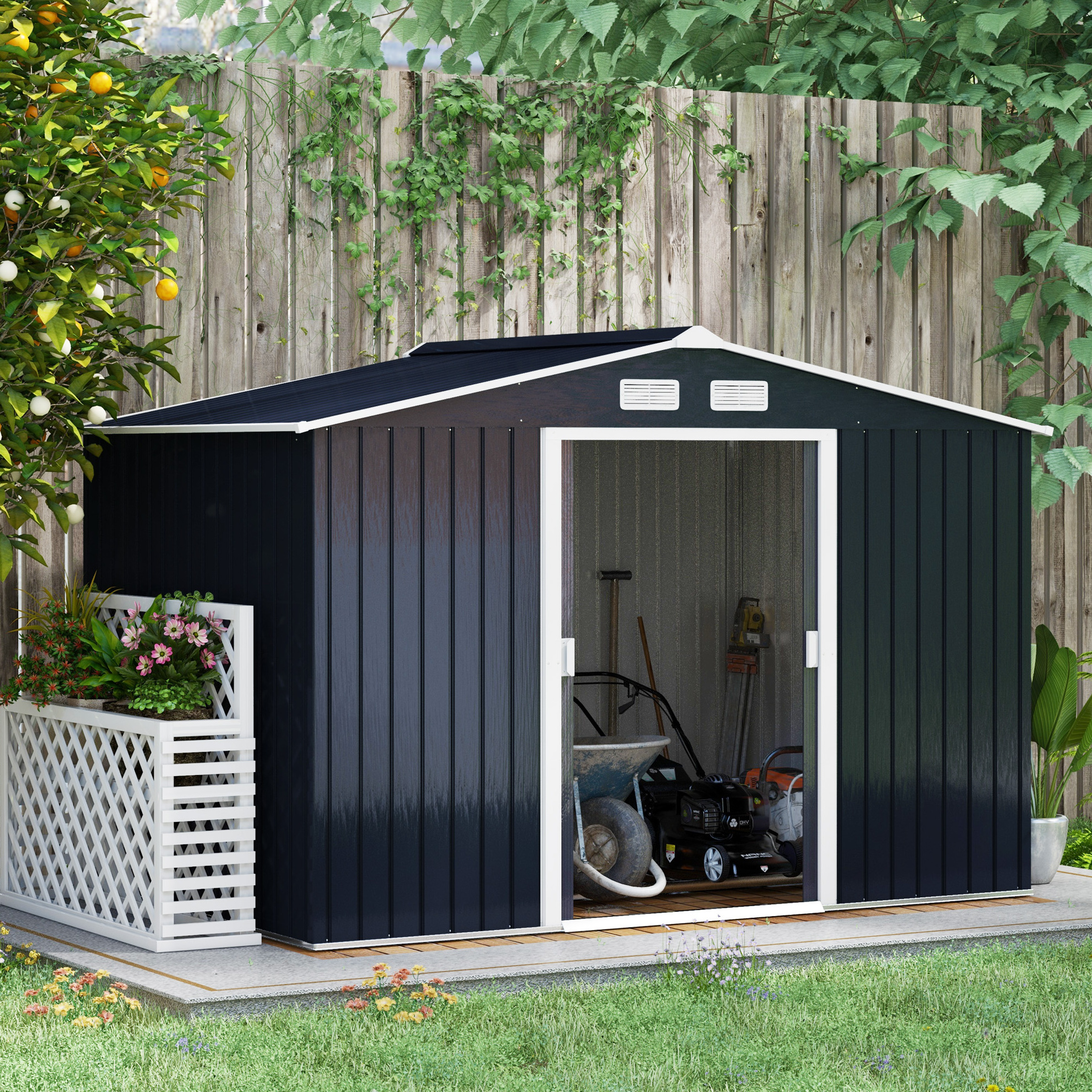 Gartenhaus Aus Stahl 277 X 195 X 192 Cm Mit Schiebetüren, Anthrazit