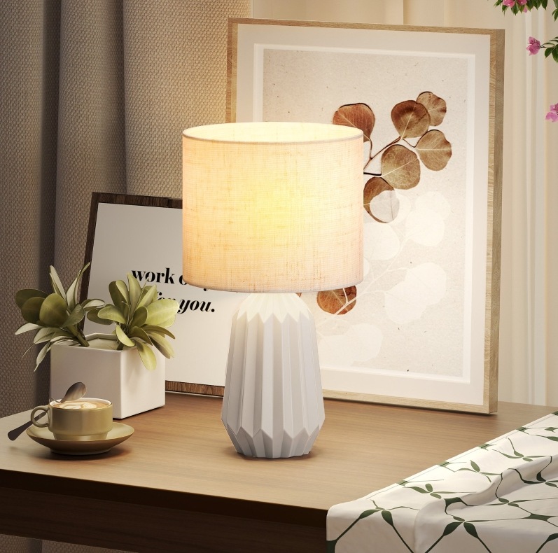 Keramiktischlampe Mit Leinenlampenschirm, E27, 22 X 22 X 39 Cm, Beige Okmyhome