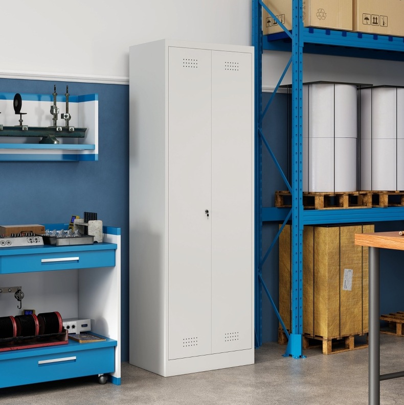 Stahlschrank Mit Türen, Verstellbaren Einlegeböden Und Kleiderstange, Creme Okmyhome