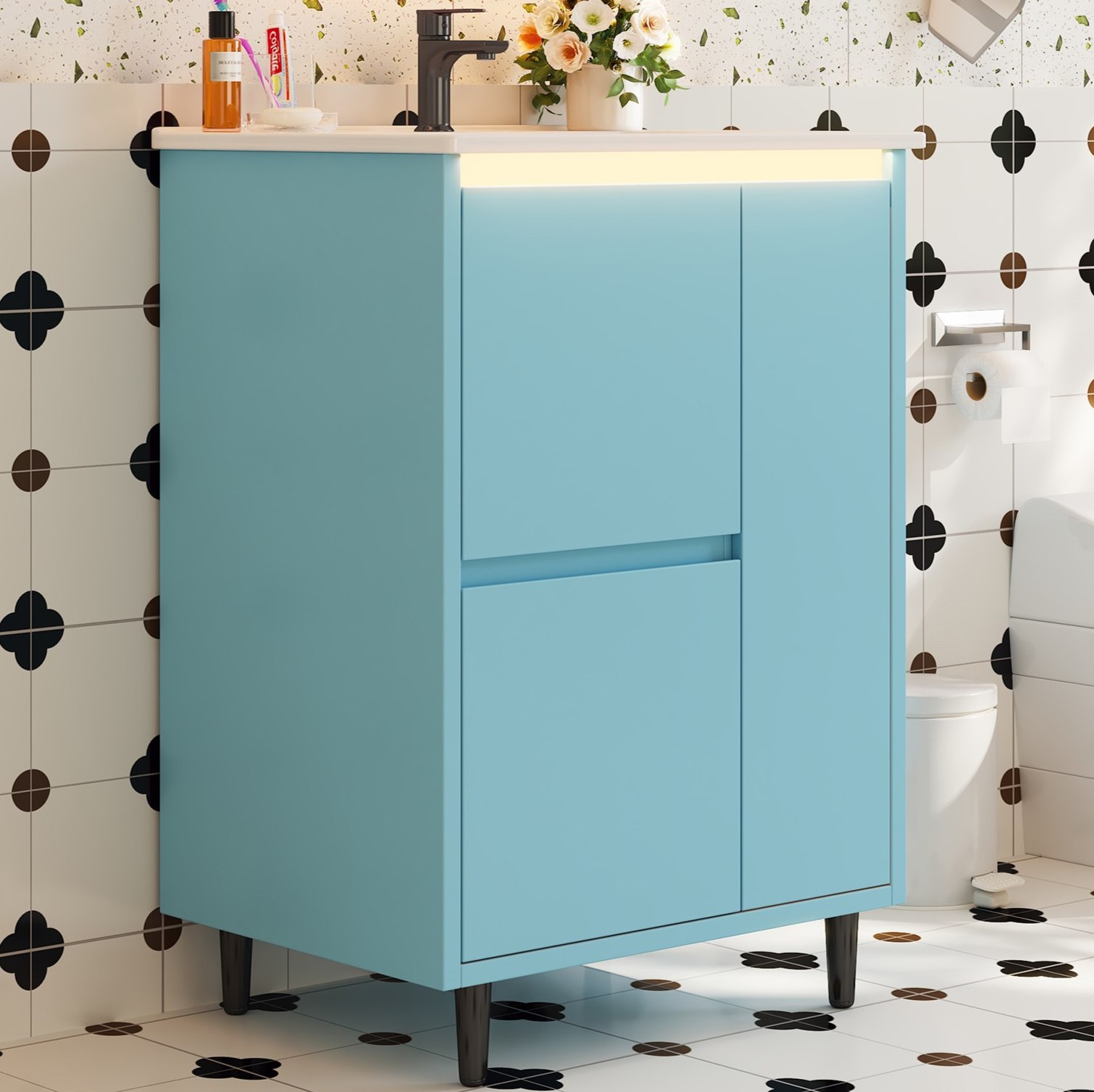 Badezimmerschrank Mit Integriertem Waschbecken 61 X 46,5 X 87 Cm Blau Okmyhome