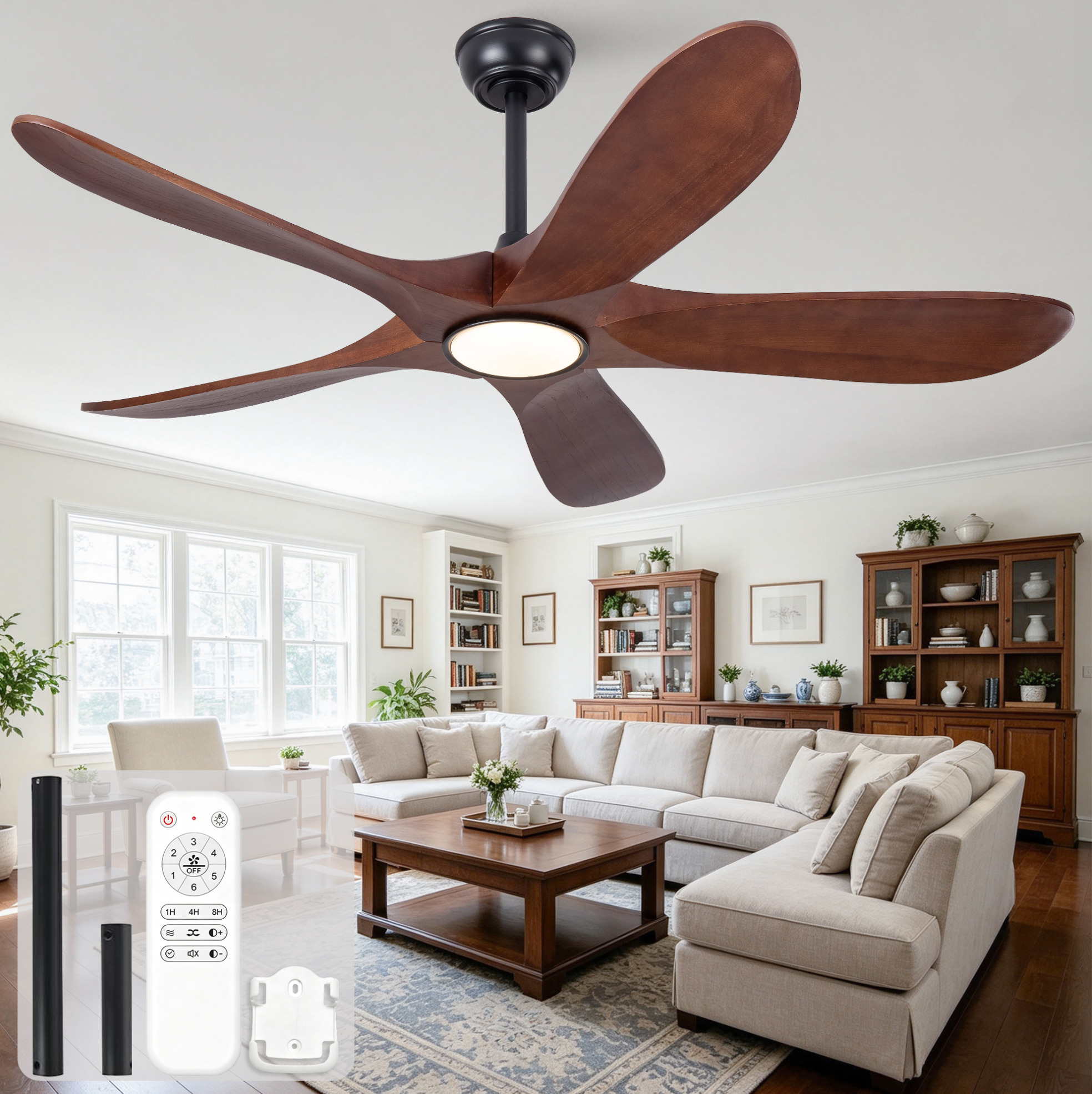 Deckenventilator Mit Licht 106 Cm, Fernbedienung, 6 Stufen, Nussbaum Und Schwarz Okmyhome