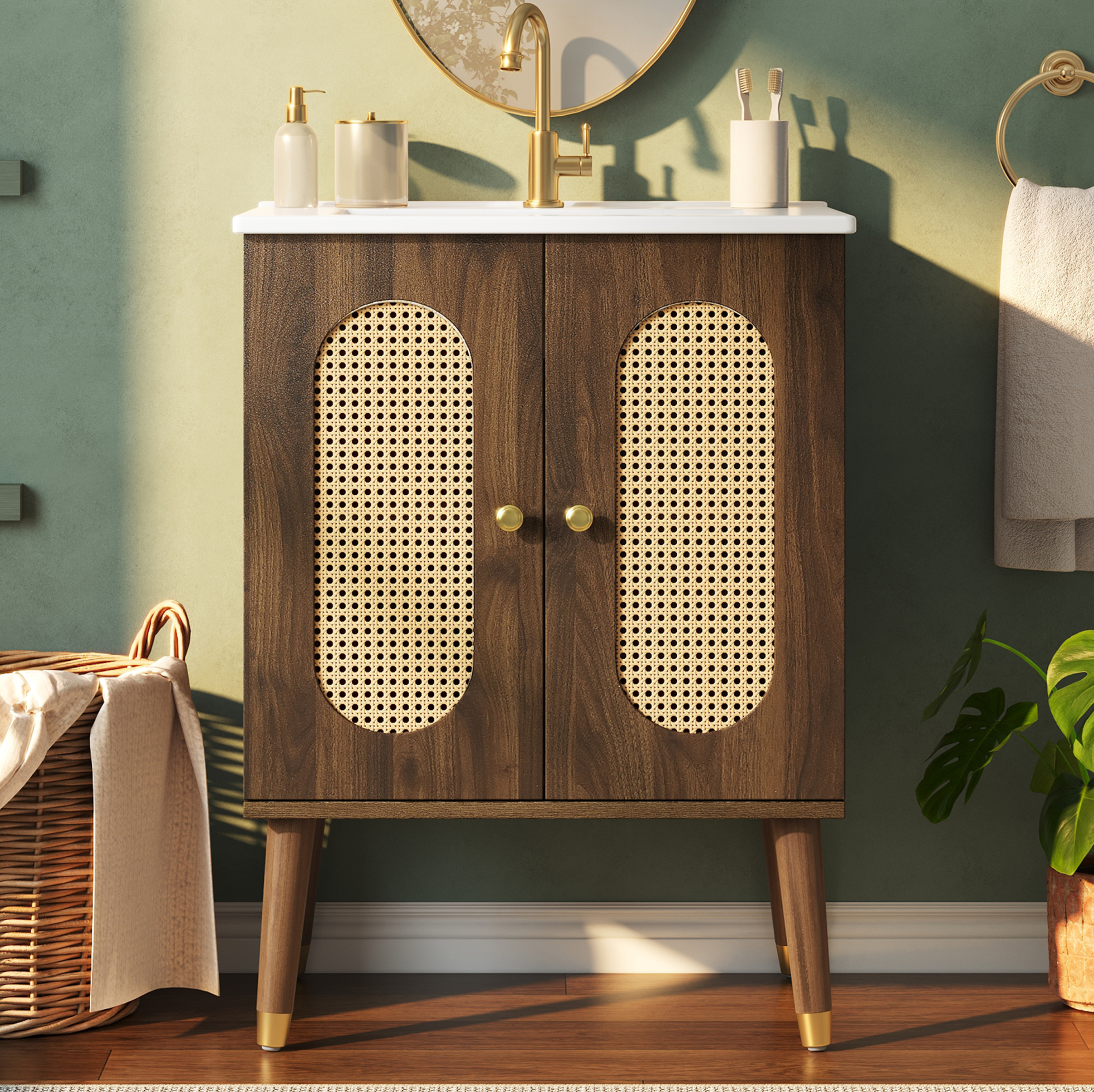 Badezimmermöbel Mit Waschbecken 61 Cm, Aus Mdf Und Keramik, Walnussfarben Okmyhome