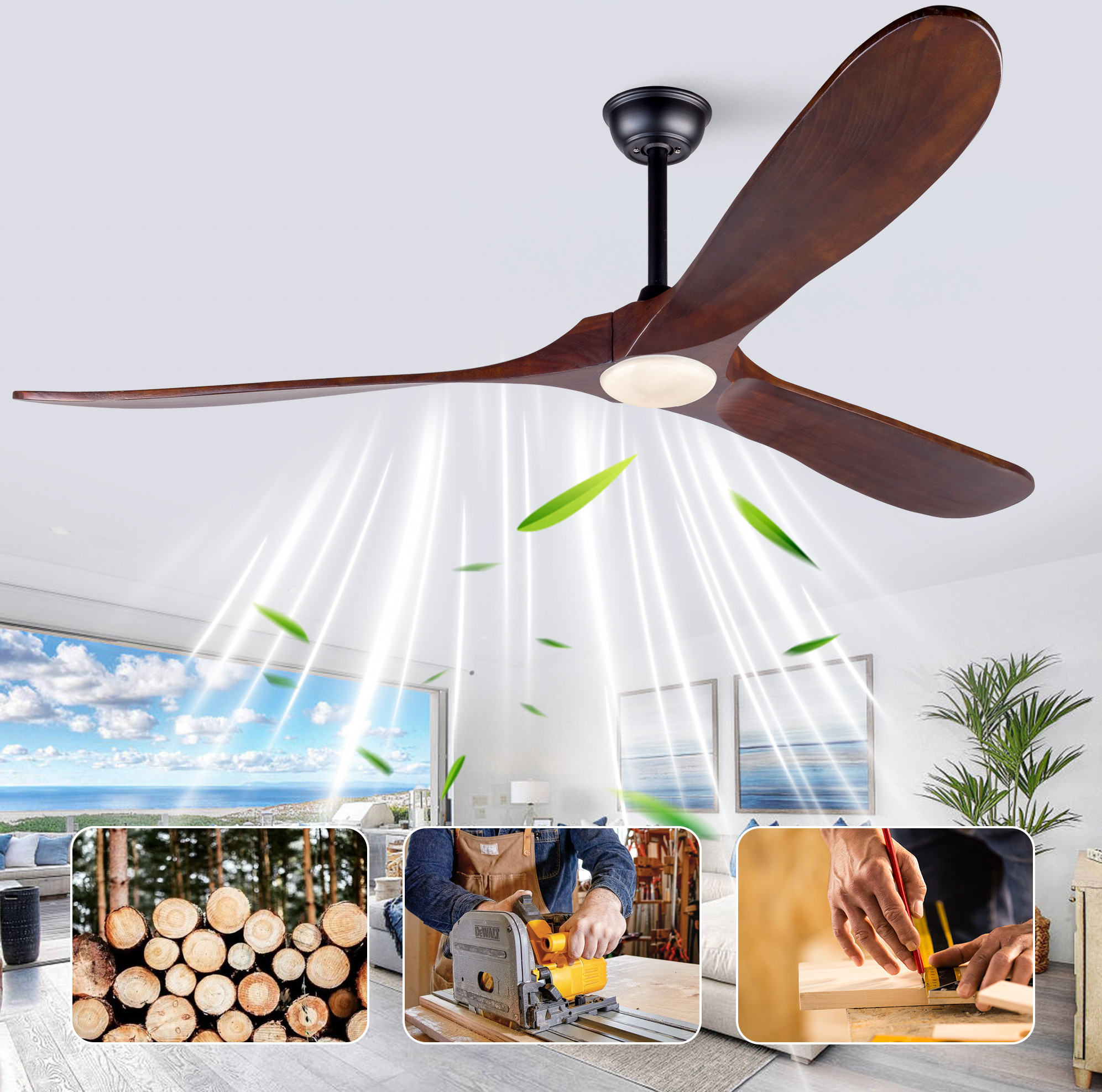 70-zoll-deckenventilator Mit Licht, 3 Holzflügel, Dimmbare Led, Fernbedienung Okmyhome
