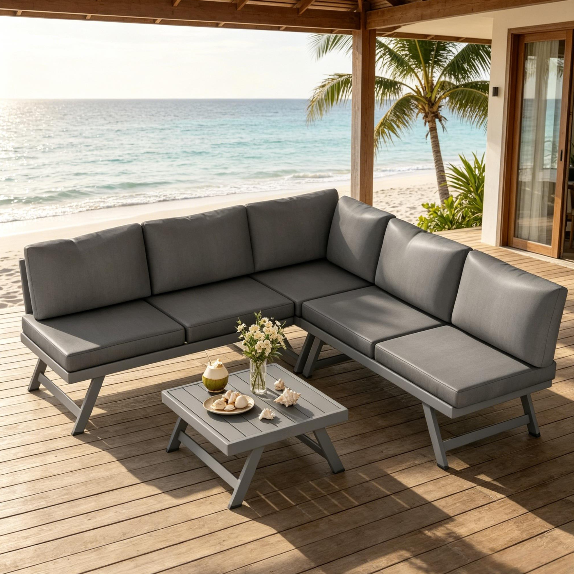 4-teiliges Eck-gartenlounge-set In Grau, 5 Plätze, Mit Couchtisch Okmyhome
