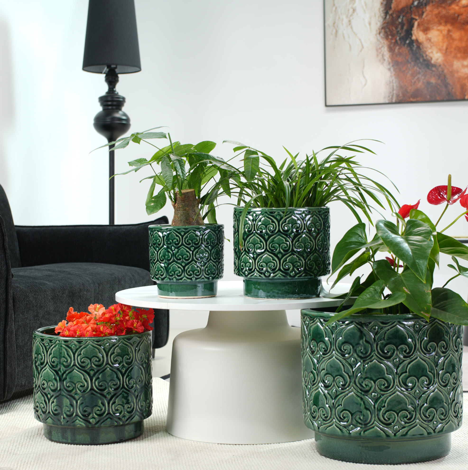 Keramik-blumentopf Ø38 Cm, Satiniertes Grün, Handgefertigt, Mit Drainageloch Okmyhome