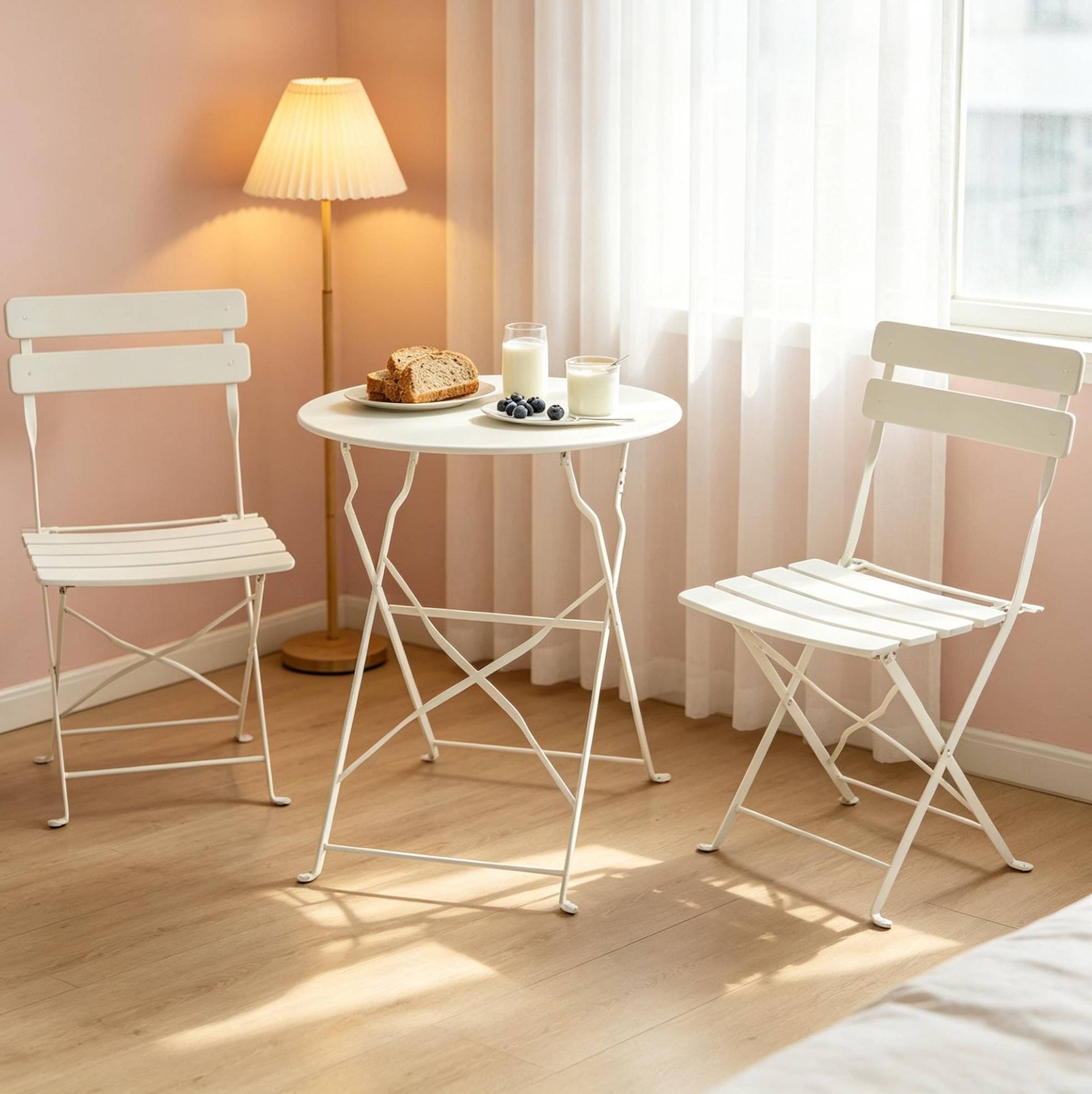 Klapptisch- Und Stuhlset Für Den Garten, 1 Tisch 2 Stühle Aus Metall, Creme, Okmyhome