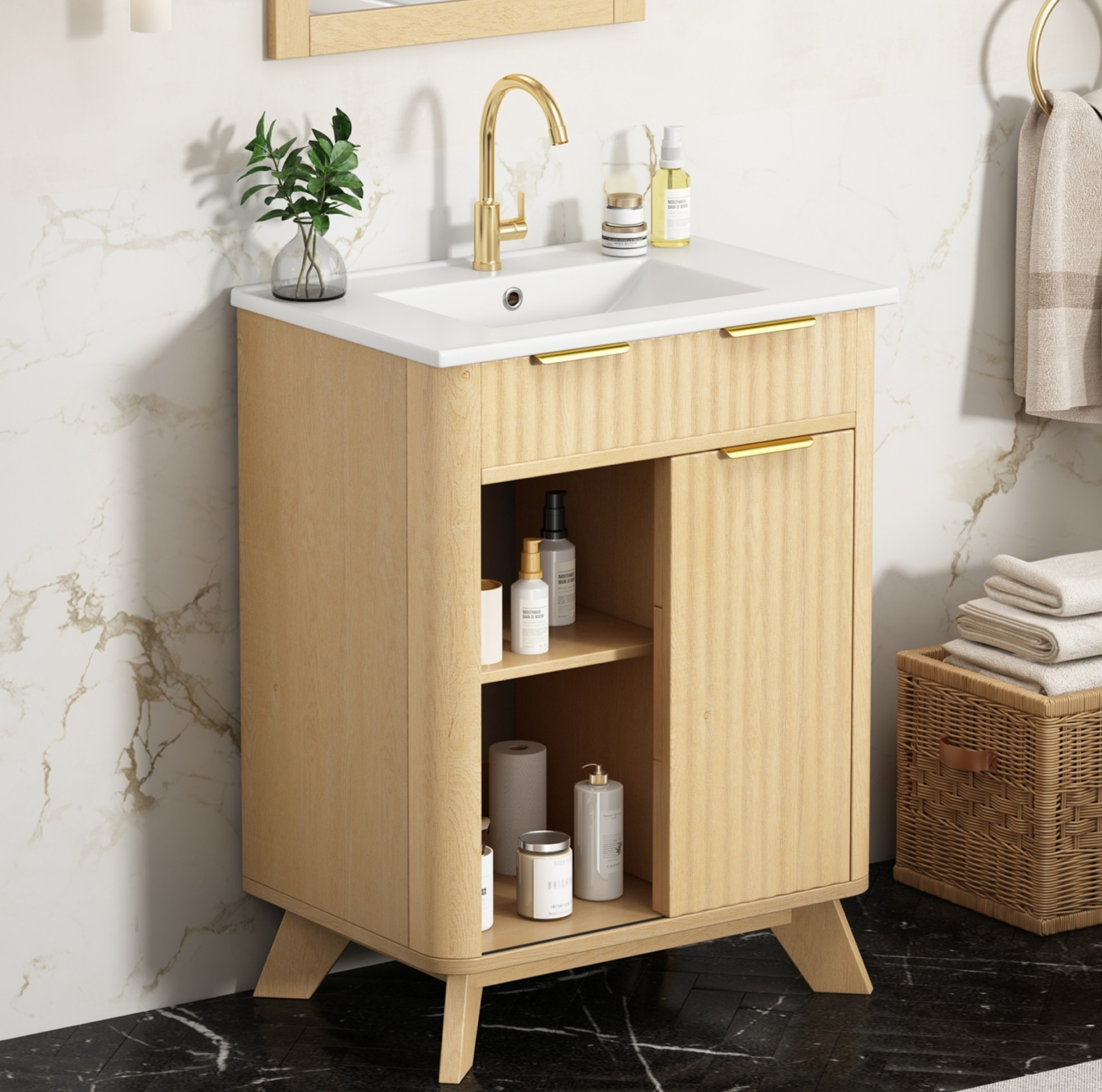 Badezimmermöbel Mit Waschbecken 61 Cm, 3 Schubladen, Schiebetür, Naturholz Okmyhome