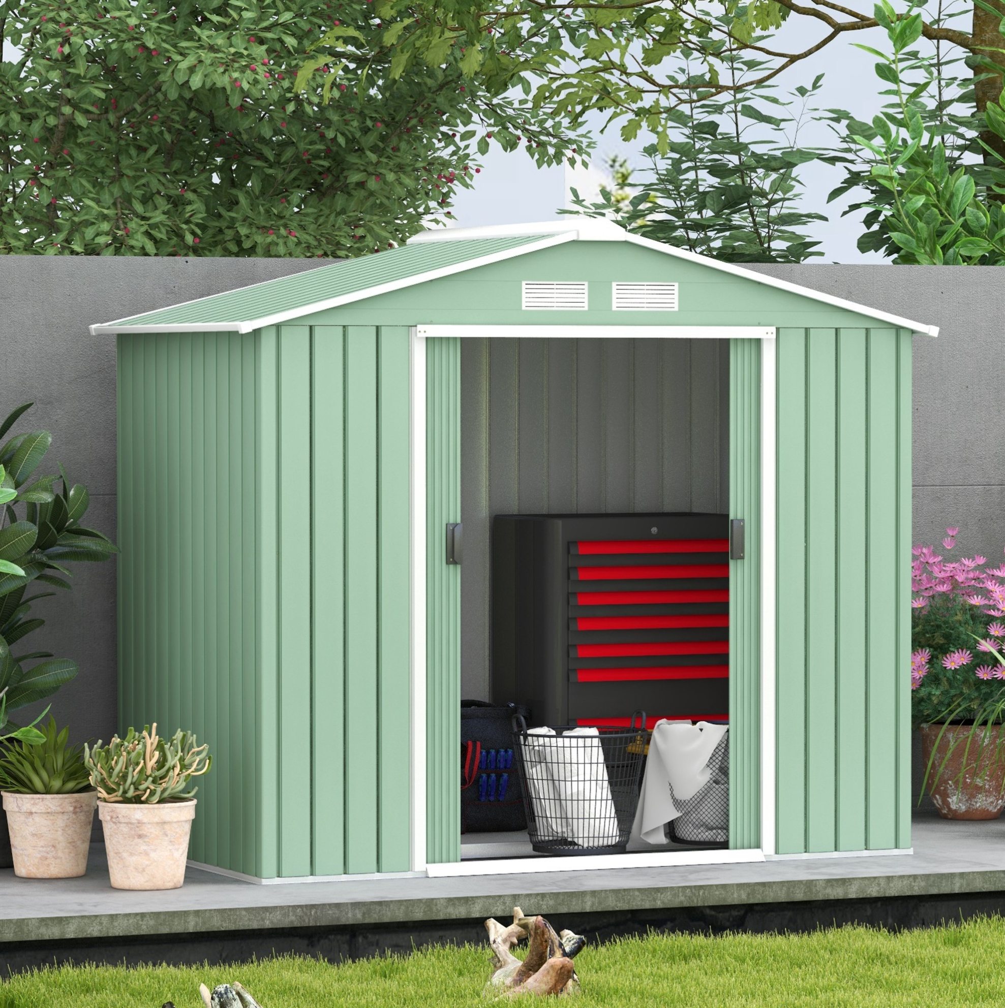 Gartenhaus Aus Stahl Mit Schiebetüren, Hellgrün, 213 X 130 X 185 Cm Okmyhome