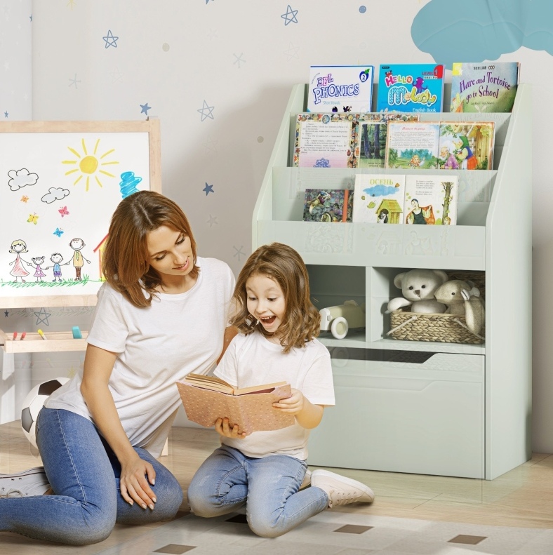 Kinderregal Mit Schublade, 3 Ebenen, 2 Offenen Fächern, Hellgrün Okmyhome
