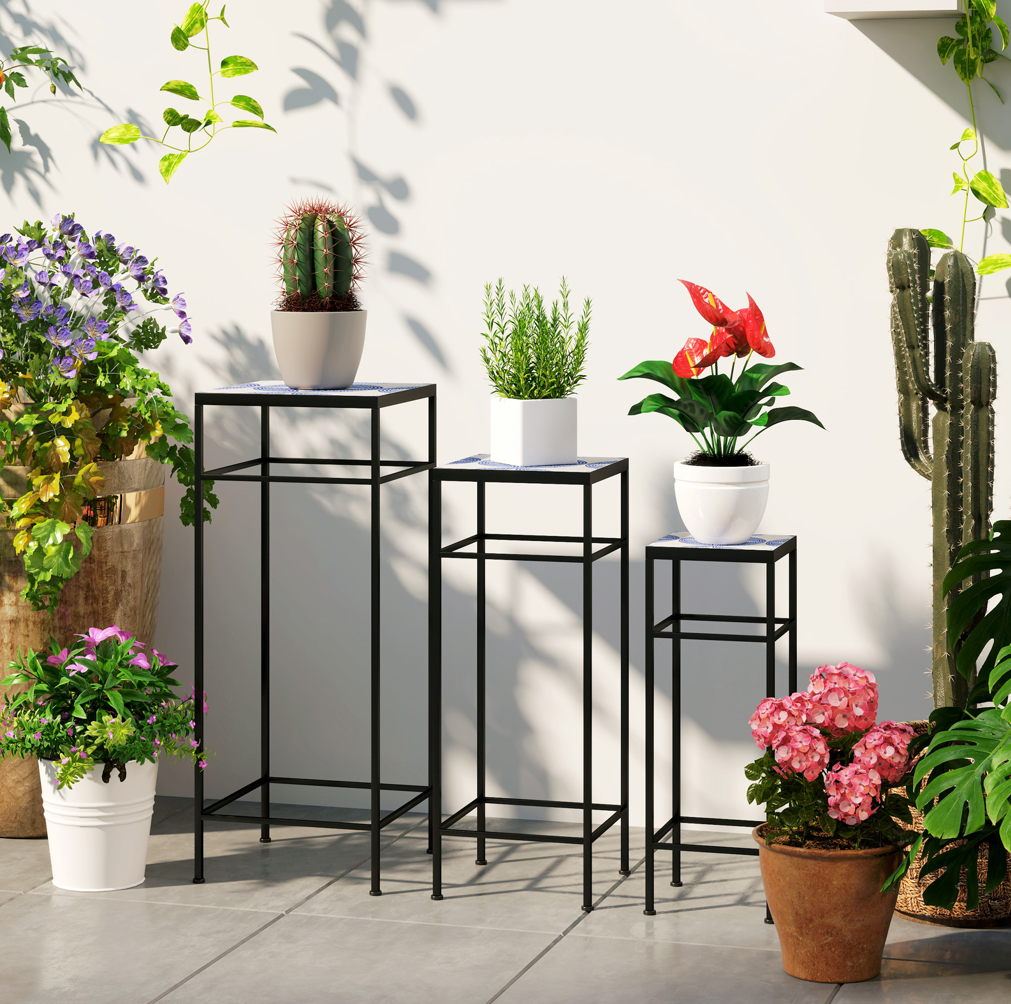 3-teiliges Pflanzenregal, 71 Cm, Metall, Blau-weißes Mosaikmuster, Montagefrei Okmyhome