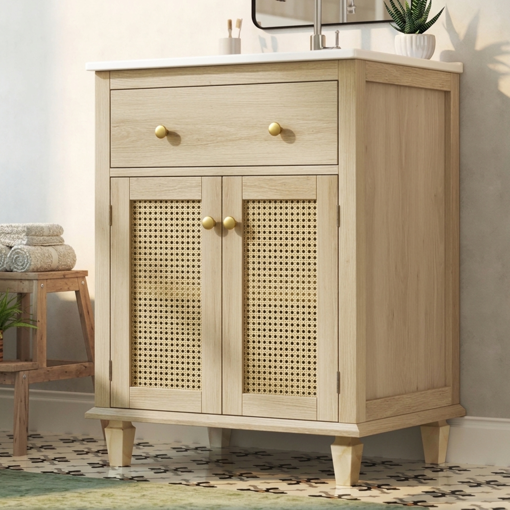 Badezimmermöbel Mit Keramikwaschbecken 61 Cm, Rattantüren, Natur, Okmyhome