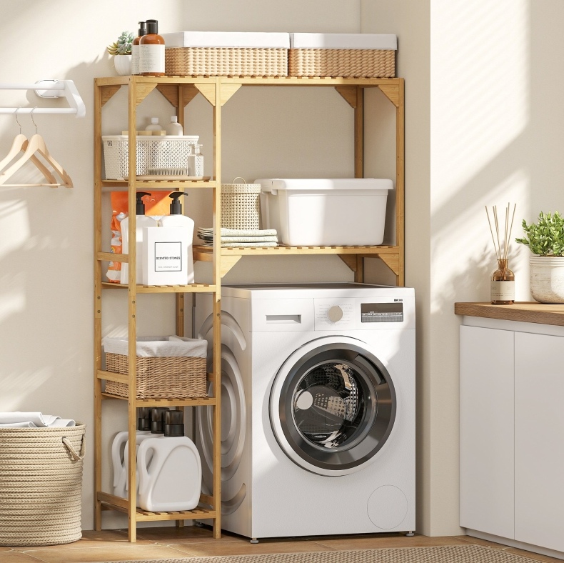 Waschmaschinenregal Mit 7 Ablagen, Naturbambus, 100 X 40 X 157 Cm Okmyhome