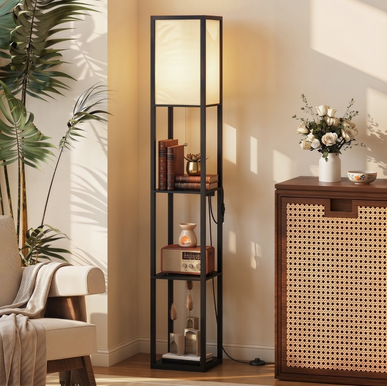 Led-stehlampe Mit Regalen, Dimmbar, Usb, Steckdosen, Schwarz Okmyhome