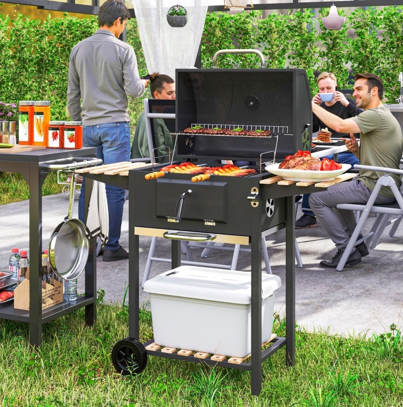 Holzkohlegrill Aus Edelstahl, Grillwagen Mit Deckel, Thermometer, Schwarz Okmyhome