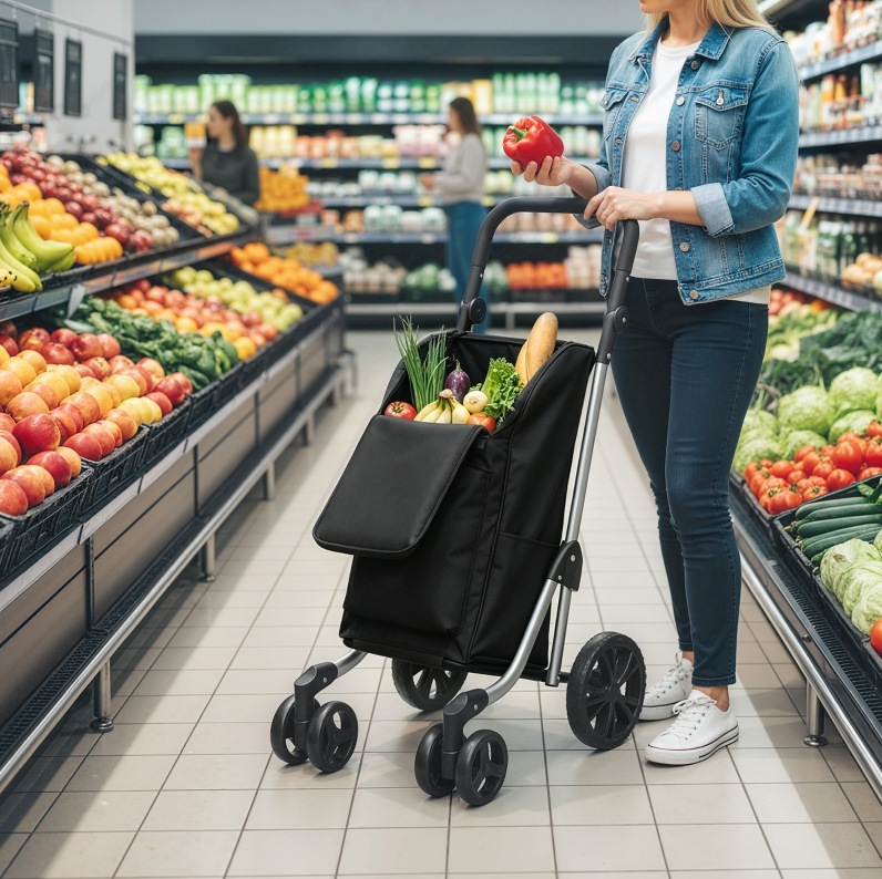 Einkaufswagen 46 L Mit Isolierfach, Verstellbarem Griff, Schwarzes Aluminium Okmyhome