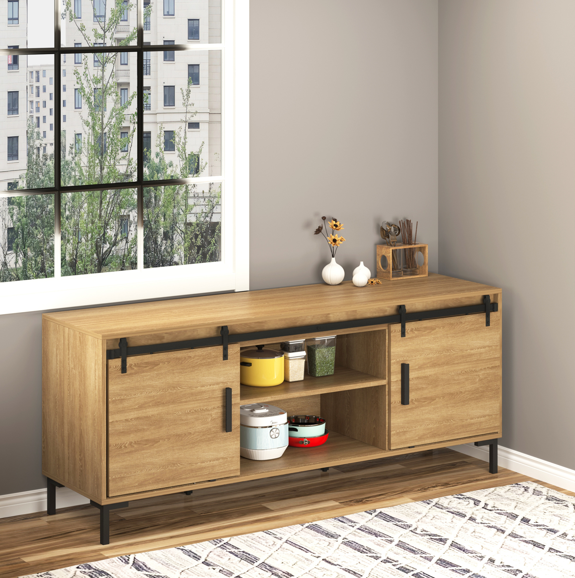 Doppelschiebetür-rail-kit 200 Cm, Stahl, Schwarz, Mit Zubehör Okmyhome