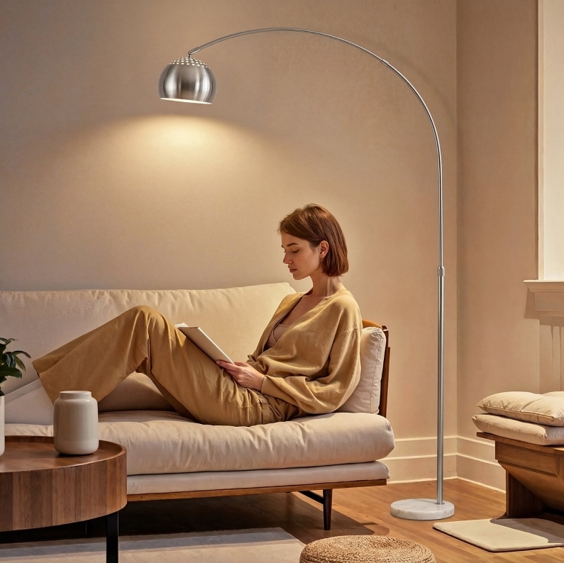 Bogen-stehleuchte Aus Metall Mit Marmorsockel, 167 Cm, Silberfarben Okmyhome
