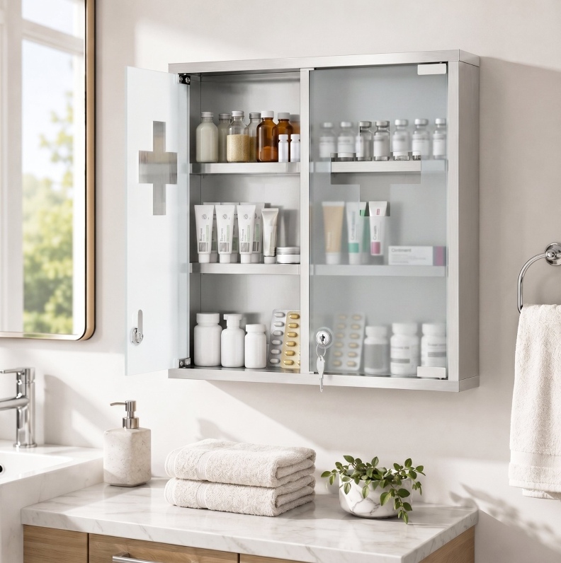 Wandmedizinschrank Mit Schloss, 6 Fächer, Satiniertes Glas, Silber, Okmyhome