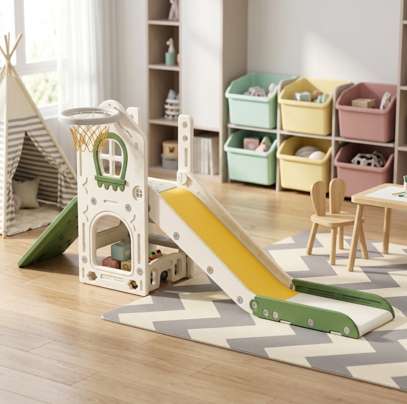 Faltbare 4-in-1 Kinderrutsche Mit Basketballkorb, Cremeweiß Okmyhome