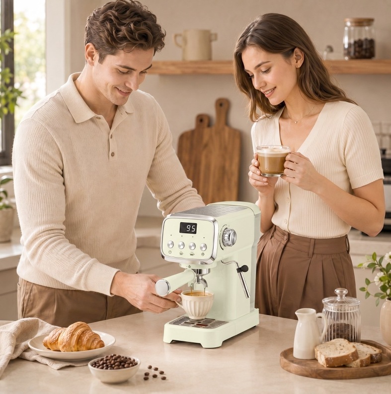 20-bar-espressomaschine 1350 W Mit Milchaufschäumer, 1,2-l-tank, Cremeweiß Okmyhome