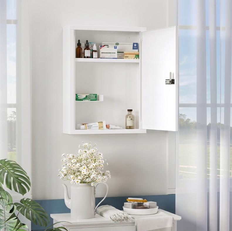 Wand-badezimmerschrank Mit Zahlenschloss, 3 Ebenen, Weißer Stahl Okmyhome