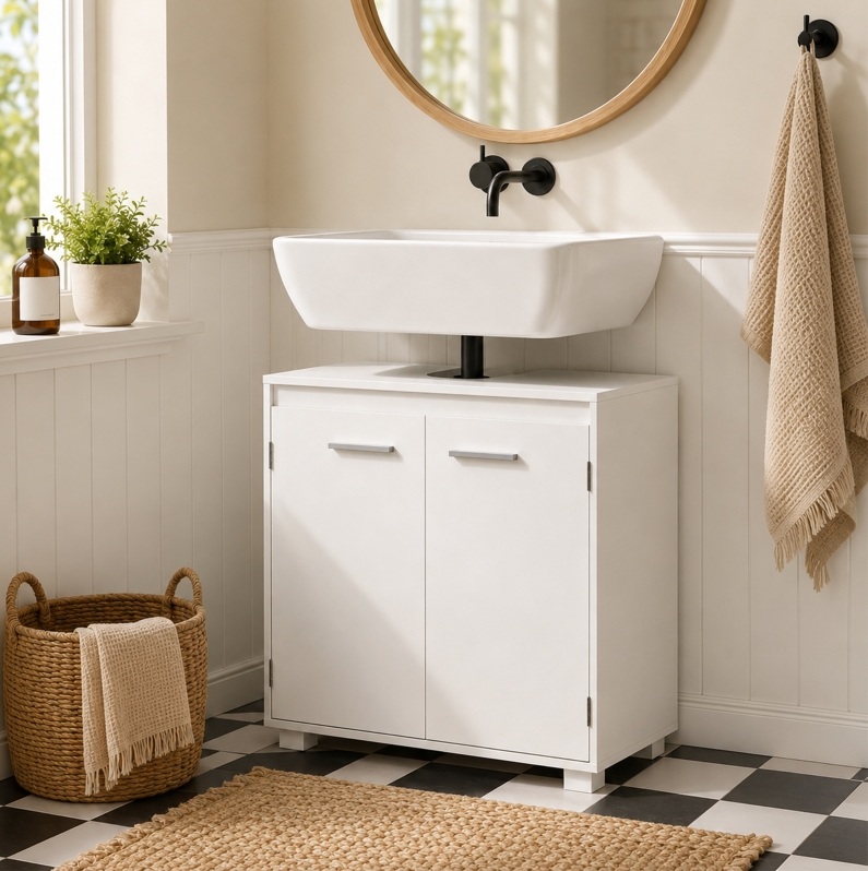 Waschtischunterschrank 60 X 30 X 60 Cm Mit U-ausschnitt, Verstellbarem Einlegeboden, Weiß Okmyhome