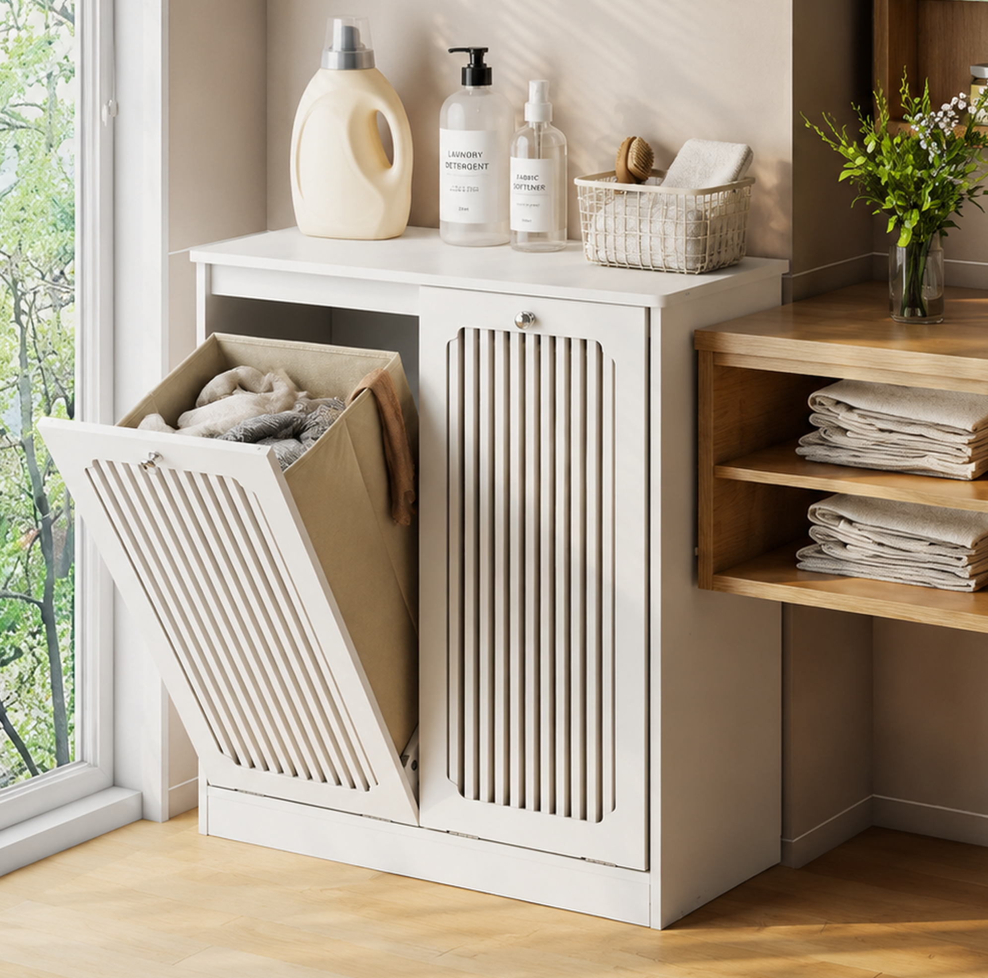 Wäschemöbel Mit 2 Stofffächern, Lamellenfront, 66 X 35 X 76 Cm, Weiß Okmyhome